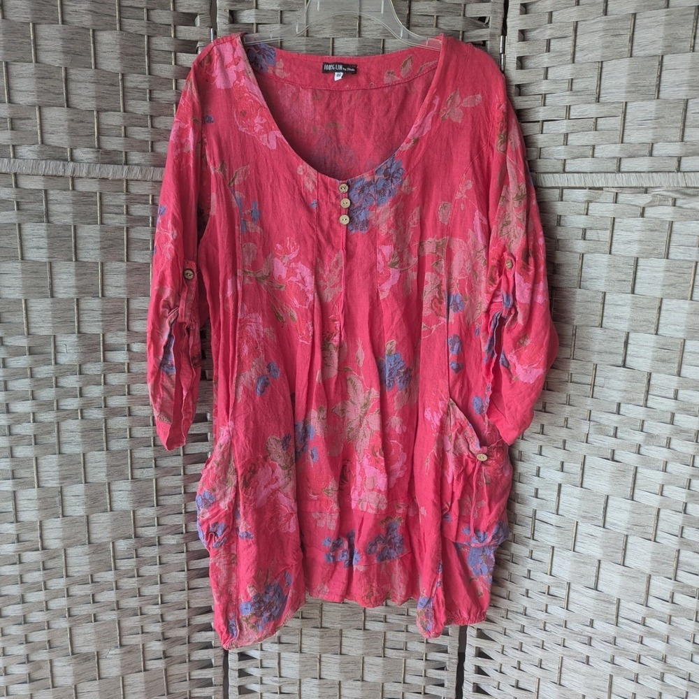 Strada Tunic Top Pink Floral Linen Roll Tab Sleeve Sz 46/ XL Boho Relaxed Fit